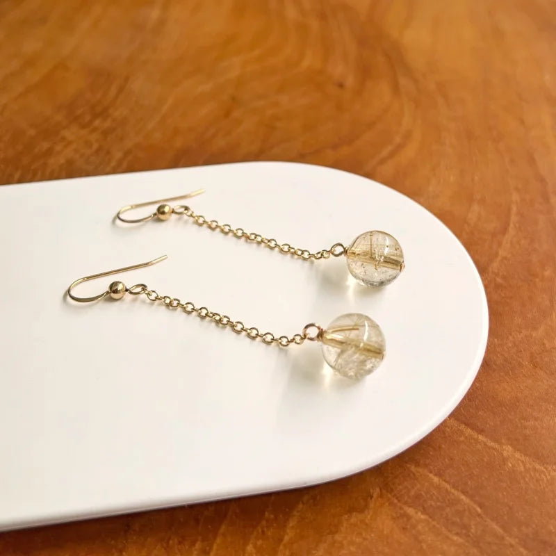 Sunbeam | Golden Rutilated Quartz Handmade Ear Dangles | Lady Estere Jewellery 14K 18K Solid Gold Lab-Grown Diamond Moissanite White Yellow