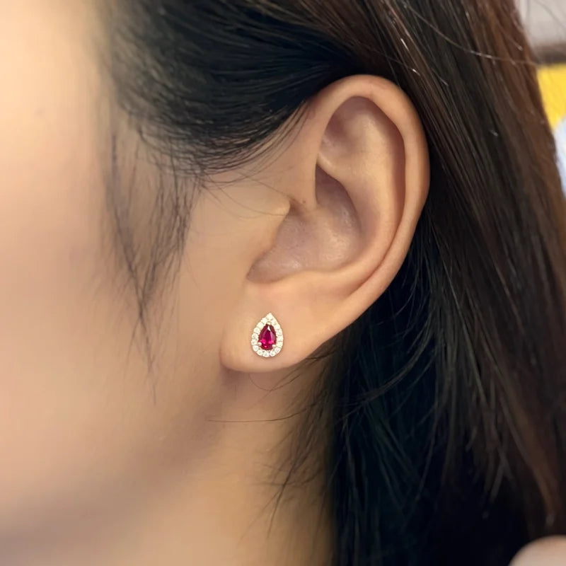 Teardrop | Ruby Halo Studs (Solid Rose Gold) | Lady Estere Jewellery | Worldwide Shipping 14K 18K Solid Gold Lab-Grown Diamond Moissanite