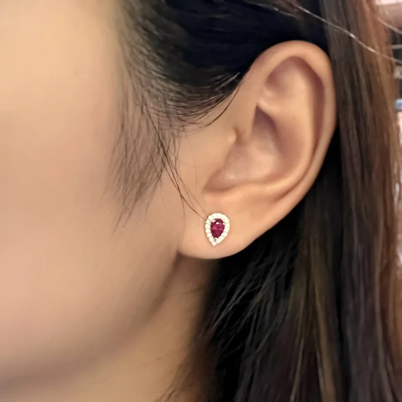 Teardrop | Ruby Halo Studs (Solid Rose Gold) | Lady Estere Jewellery | Worldwide Shipping 14K 18K Solid Gold Lab-Grown Diamond Moissanite