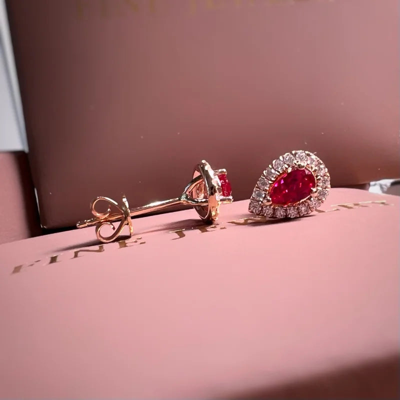 Teardrop | Ruby Halo Studs (Solid Rose Gold) | Lady Estere Jewellery | Worldwide Shipping 14K 18K Solid Gold Lab-Grown Diamond Moissanite
