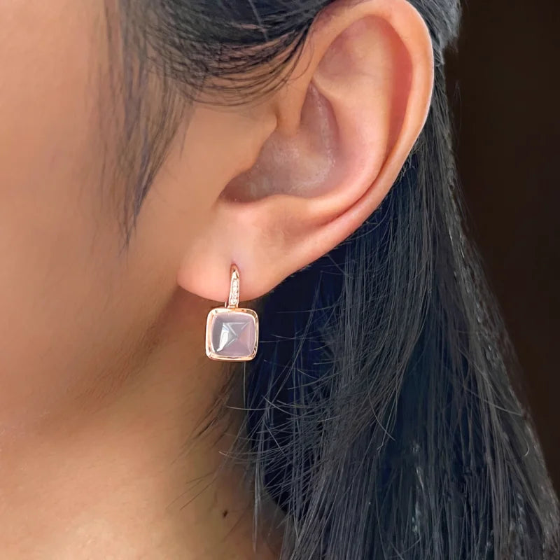 Terra Sakura | Rose Quartz Drop Earrings (Solid Gold) | Lady Estere Jewellery | Worldwide 14K 18K Solid Gold Lab Grown Diamond Moissanite
