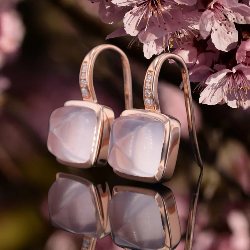 Terra Sakura | Rose Quartz Drop Earrings (Solid Gold) | Lady Estere Jewellery | Worldwide 14K 18K Solid Gold Lab Grown Diamond Moissanite