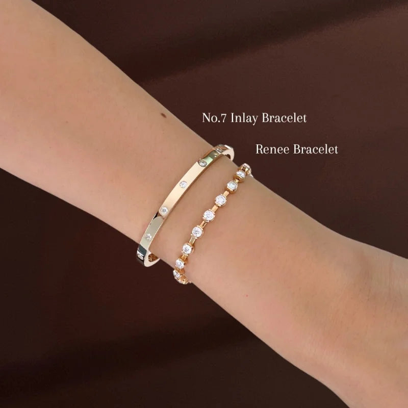 The No.7 | Inlay Diamond Bangle Bracelet (Solid Gold) | Lady Estere Jewellery | Worldwide 14K 18K Solid Gold Lab Grown Moissanite White