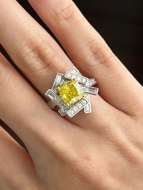 Threads | Yellow Diamond Cushion Cut Statement Ring (Solid Gold) | Lady Estere Jewellery 14K 18K Solid Gold Lab-Grown Moissanite White Rose