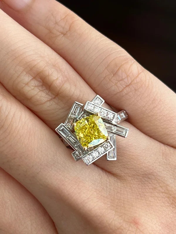 Threads | Yellow Diamond Cushion Cut Statement Ring (Solid Gold) | Lady Estere Jewellery 14K 18K Solid Gold Lab-Grown Moissanite White Rose