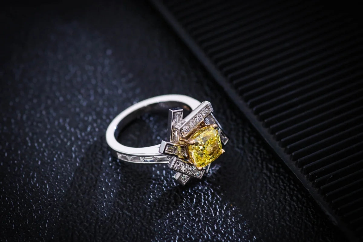 Threads | Yellow Diamond Cushion Cut Statement Ring (Solid Gold) | Lady Estere Jewellery 14K 18K Solid Gold Lab-Grown Moissanite White Rose