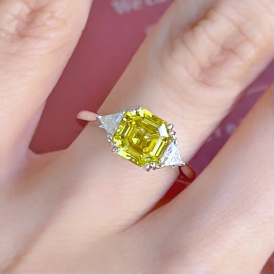 Yellow Sapphire Asscher Cut Trilogy Ring | Lady Estere Jewellery | Worldwide Shipping 14K 18K Solid Gold Lab-Grown Diamond Moissanite White