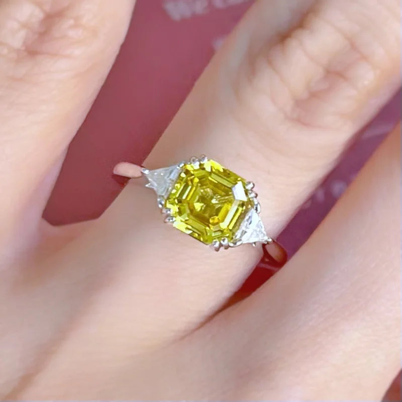 Yellow Sapphire Asscher Cut Trilogy Ring | Lady Estere Jewellery | Worldwide Shipping 14K 18K Solid Gold Lab-Grown Diamond Moissanite White
