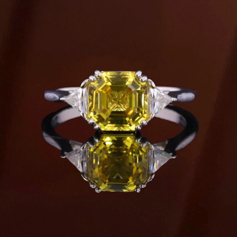 Yellow Sapphire Asscher Cut Trilogy Ring | Lady Estere Jewellery | Worldwide Shipping 14K 18K Solid Gold Lab-Grown Diamond Moissanite White