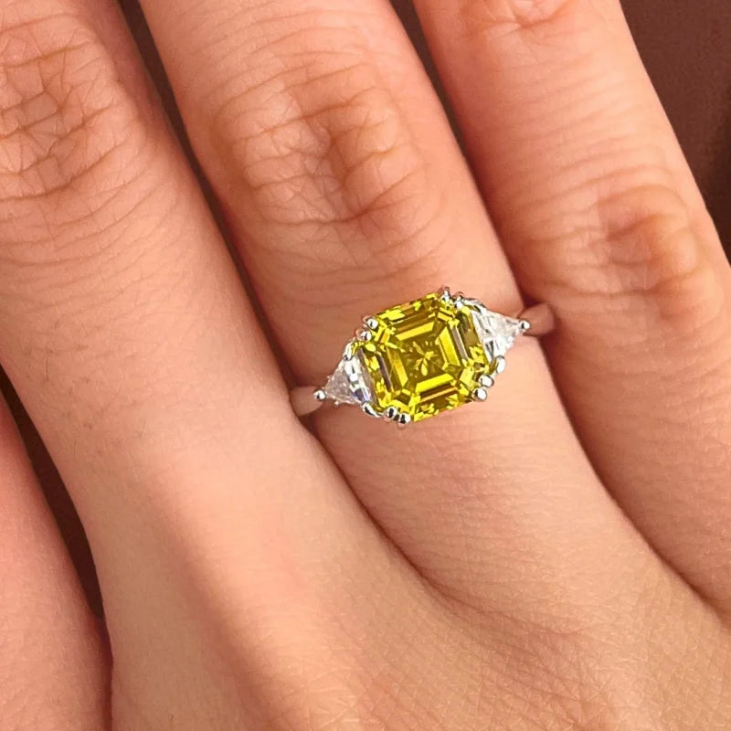 Yellow Sapphire Asscher Cut Trilogy Ring | Lady Estere Jewellery | Worldwide Shipping 14K 18K Solid Gold Lab-Grown Diamond Moissanite White