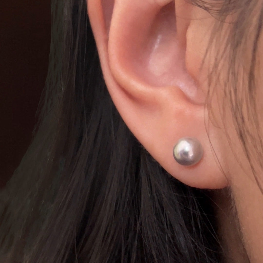 18K Silver-Blue Japanese Akoya Madama Pearl Stud Earrings (Solid Gold)