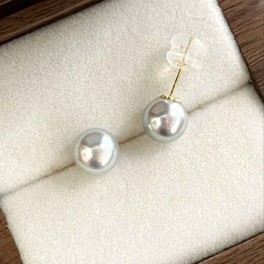 18K Silver-Blue Japanese Akoya Madama Pearl Stud Earrings (Solid Gold)