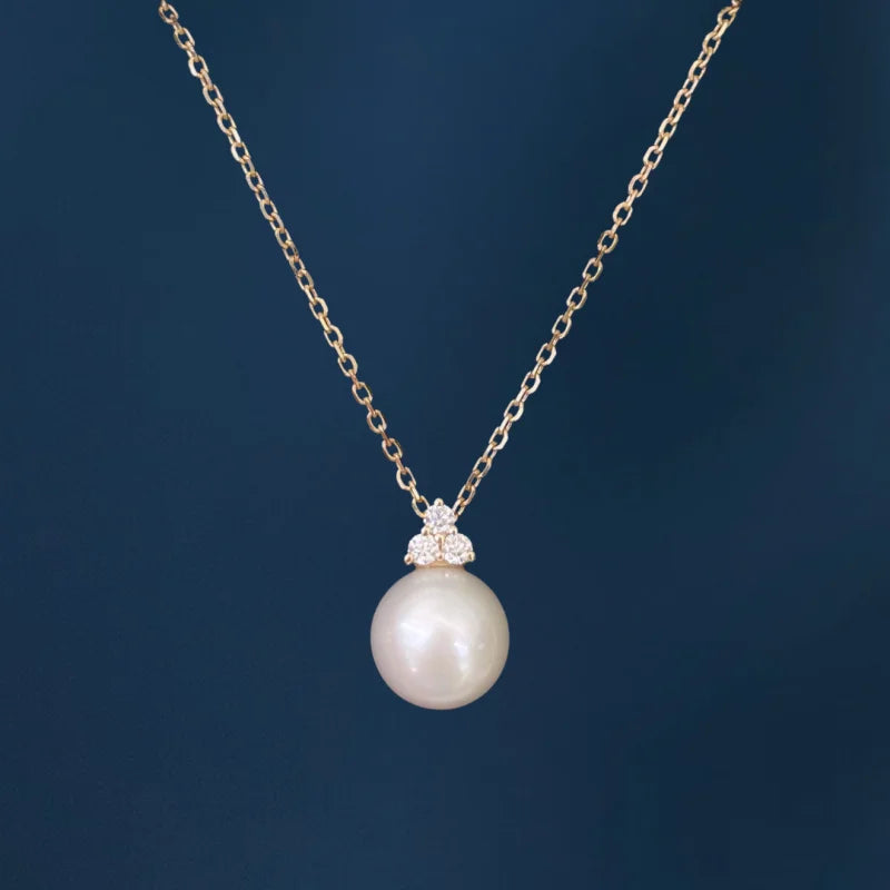 Akoya Pearl Diamond Pendant Necklace (Solid Gold) Crown | Lady Estere Jewellery | 14K 18K Solid Gold Lab-Grown Moissanite White Yellow Rose