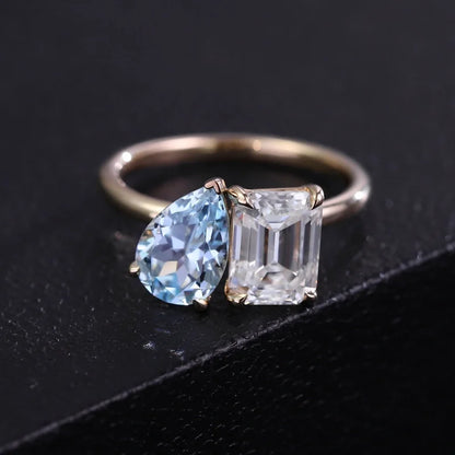 Aquamarine & Moissanite Toi Et Moi Ring (Solid gold) | Lady Estere Jewellery | Worldwide 14K 18K Solid Gold Lab-Grown Diamond White Yellow