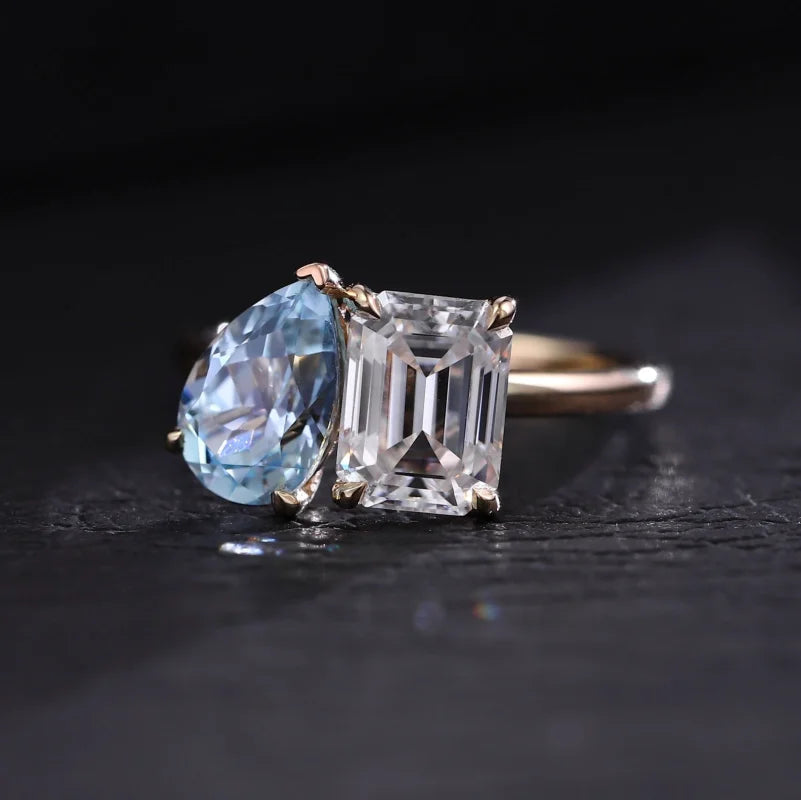 Aquamarine & Moissanite Toi Et Moi Ring (Solid gold) | Lady Estere Jewellery | Worldwide 14K 18K Solid Gold Lab-Grown Diamond White Yellow