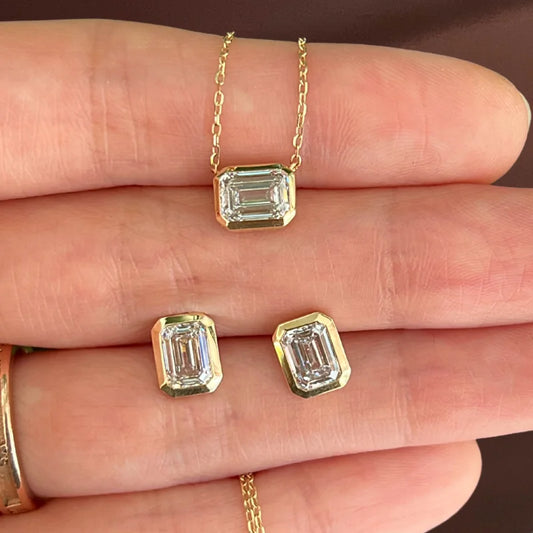 Bezel | Knife Edge Emerald Cut Earring Studs (Solid gold) | Lady Estere Jewellery | 14K 18K Solid Gold Lab-Grown Diamond Moissanite White