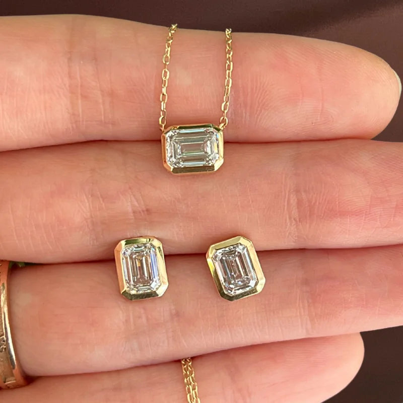 Bjorn | Knife Edge Bezel Emerald Cut Earring Studs (Solid gold) | Lady Estere Jewellery 14K 18K Solid Gold Lab - Grown Diamond Moissanite