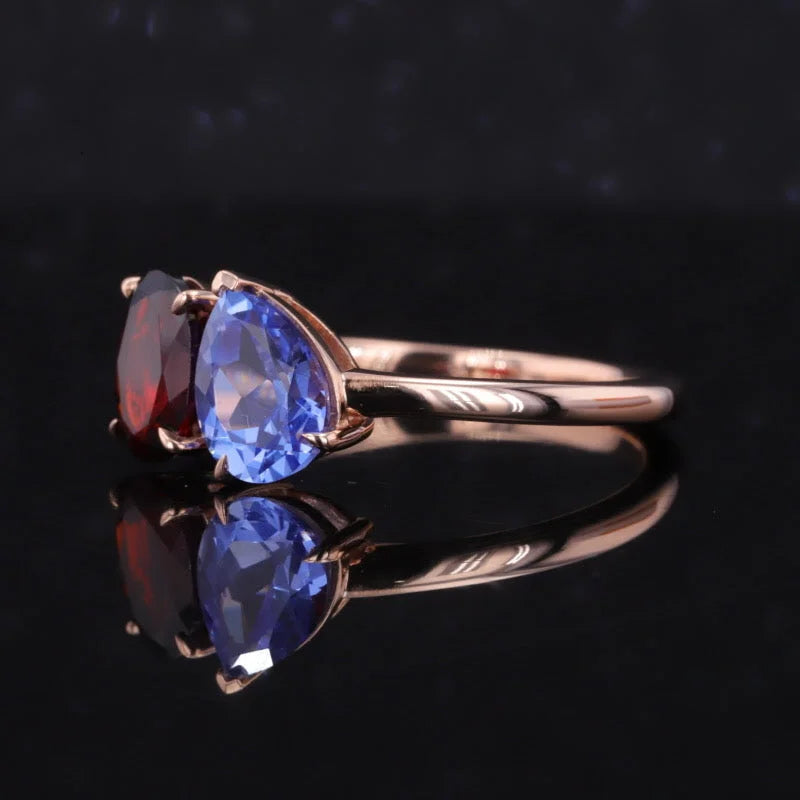 Custom Garnet & Lab Grown Sapphire Toi et Moi Birthstone Ring Double Halo | Lady Estere Jewellery | Worldwide Shipping 14K 18K Solid Gold
