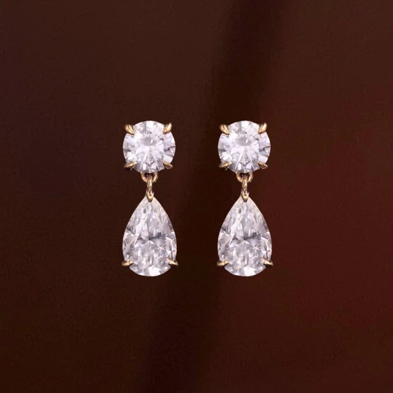 Duo | Drop Earrings 3ct Round & Pear Cut Moissanite (Solid Gold) | Lady Estere Jewellery 14K 18K Solid Gold Lab-Grown Diamond White Yellow