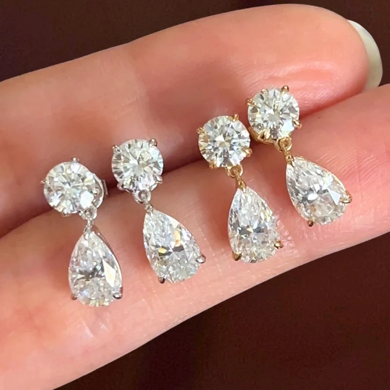 Duo | Drop Earrings 3ct Round & Pear Cut Moissanite (Solid Gold) | Lady Estere Jewellery 14K 18K Solid Gold Lab-Grown Diamond White Yellow