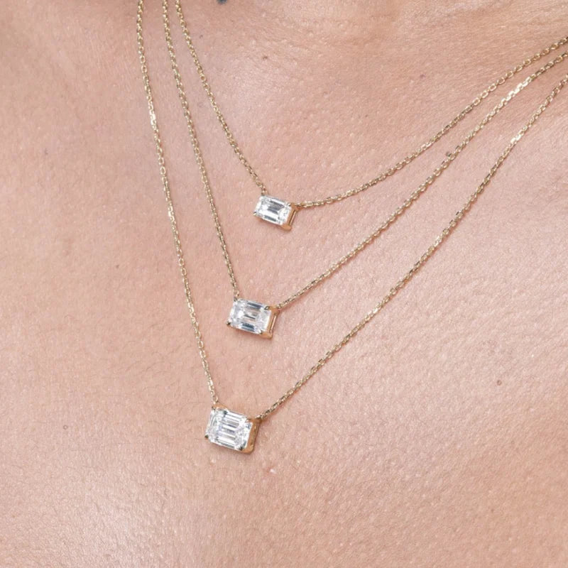 Emerald Cut Moissanite Solitaire Necklace (Solid Gold) | Lady Estere Jewellery 14K 18K Solid Gold Lab-Grown Diamond White Yellow Rose SG,