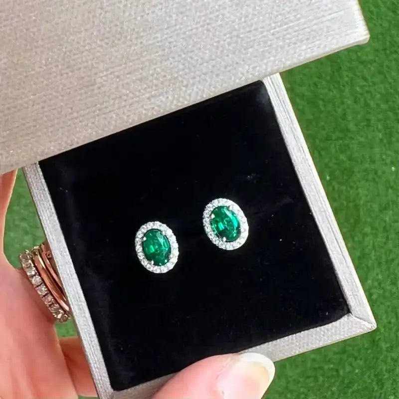 Oval Lab Grown Emerald Halo Studs (Solid White Gold) | Lady Estere Jewellery | Worldwide 14K 18K Solid Gold Lab-Grown Diamond Moissanite