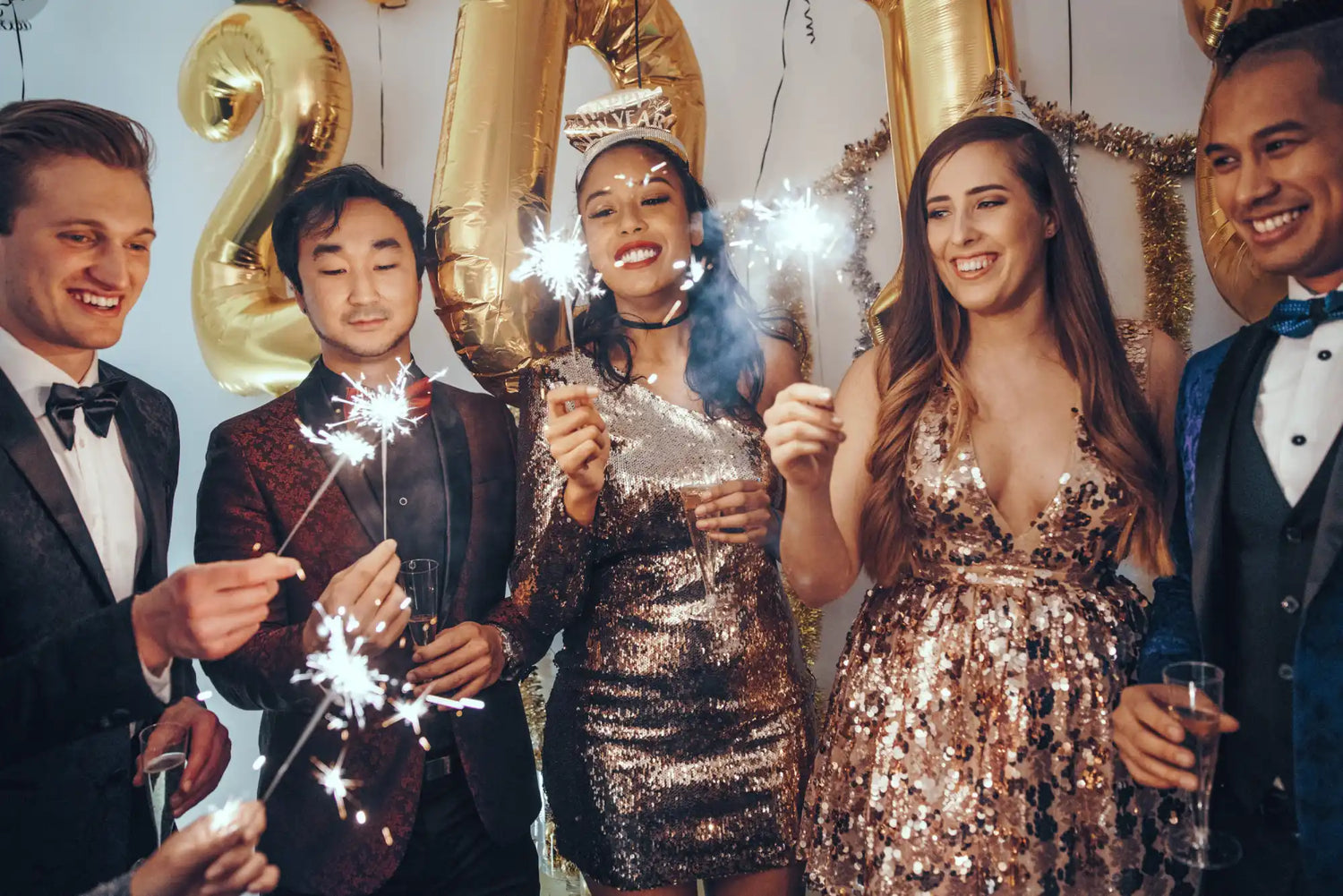 Festive group with sparklers.