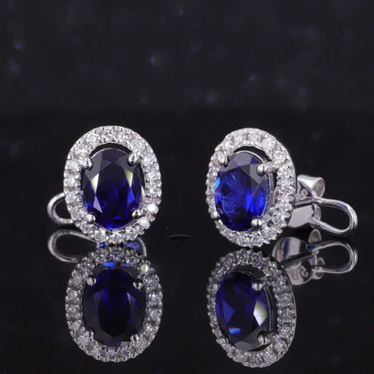 Halo | Oval Lab Grown Sapphire & Diamond Studs (Solid White Gold) | Lady Estere Jewellery 14K 18K Solid Gold Moissanite Yellow Rose SG, AU,
