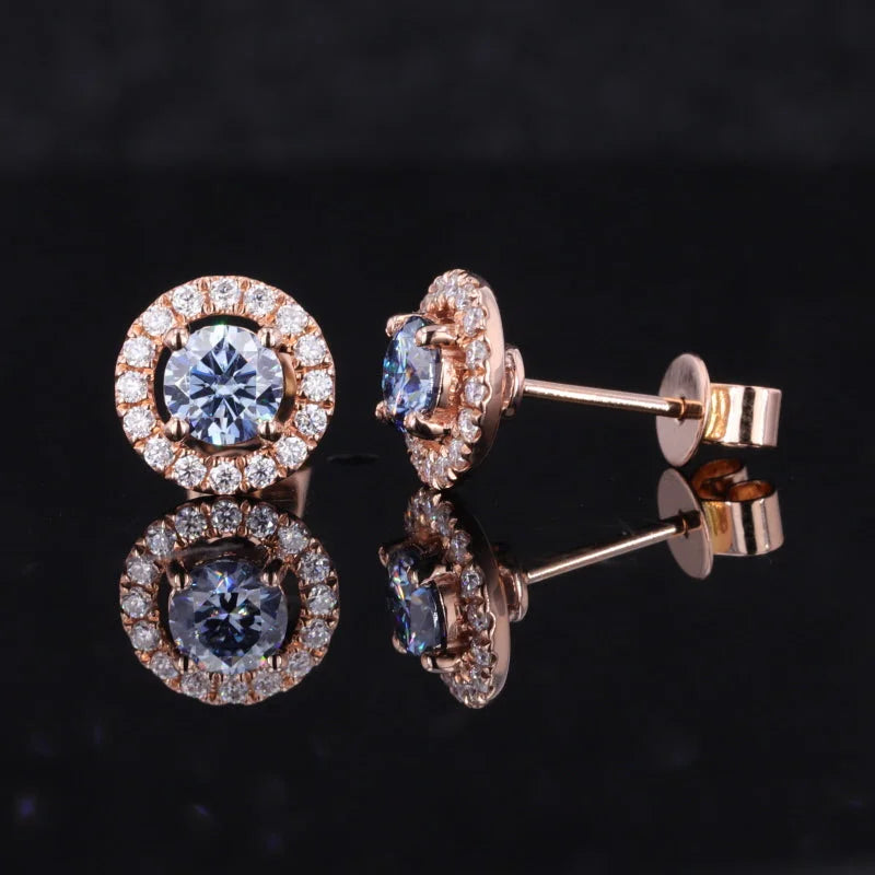 Halo Studs | Blue-Grey (Rose Gold) 14K Rose Gold Round Glue-Grey Diamond Moissanite Earrings (lab-grown) Lady Estere Jewellery 18K Solid