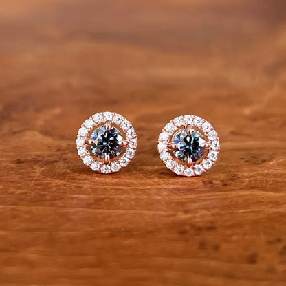 Halo Studs | Blue-Grey (Rose Gold) 14K Rose Gold Round Glue-Grey Diamond Moissanite Earrings (lab-grown) Lady Estere Jewellery 18K Solid