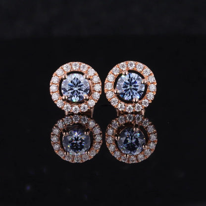 Halo Studs | Blue-Grey (Rose Gold) | Lady Estere Jewellery | Worldwide Shipping 14K 18K Solid Gold Lab-Grown Diamond Moissanite White