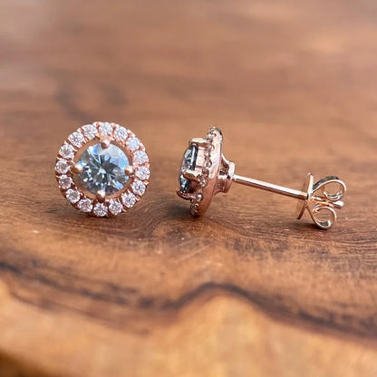 Halo Studs | Blue-Grey (Rose Gold) | Lady Estere Jewellery | Worldwide Shipping 14K 18K Solid Gold Lab-Grown Diamond Moissanite White