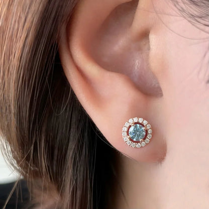 Halo Studs | Blue-Grey (Rose Gold) | Lady Estere Jewellery | Worldwide Shipping 14K 18K Solid Gold Lab-Grown Diamond Moissanite White
