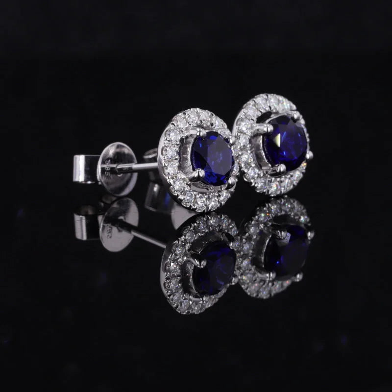 Halo Studs | Lab - Grown Sapphires (White Gold) | Lab - Grown | Lady Estere Jewellery | Worldwide 14K 18K Solid Gold Diamond Moissanite
