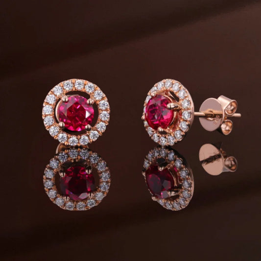 Halo Studs | Ruby (Rose Gold) 14K Rose Gold Round & Diamond Earrings (lab-grown) Lady Estere Jewellery 18K Solid Lab-Grown Moissanite White