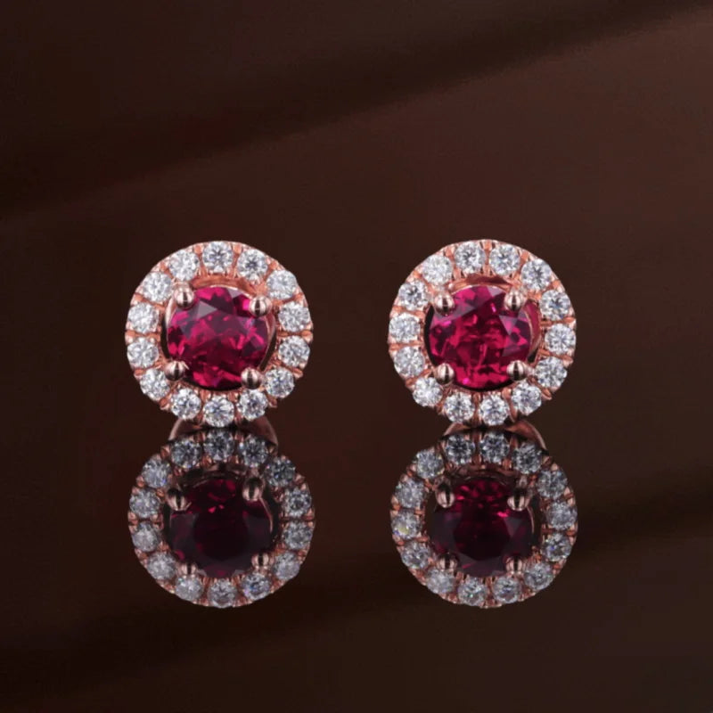 Halo Studs | Ruby (Rose Gold) | Lady Estere Jewellery | Worldwide Shipping 14K 18K Solid Gold Lab - Grown Diamond Moissanite White Yellow