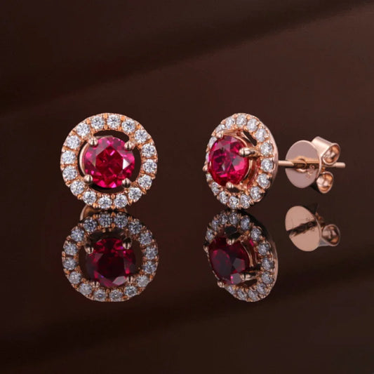 Halo Studs | Ruby (Rose Gold) | Lady Estere Jewellery | Worldwide Shipping 14K 18K Solid Gold Lab Grown Diamond Moissanite White Yellow