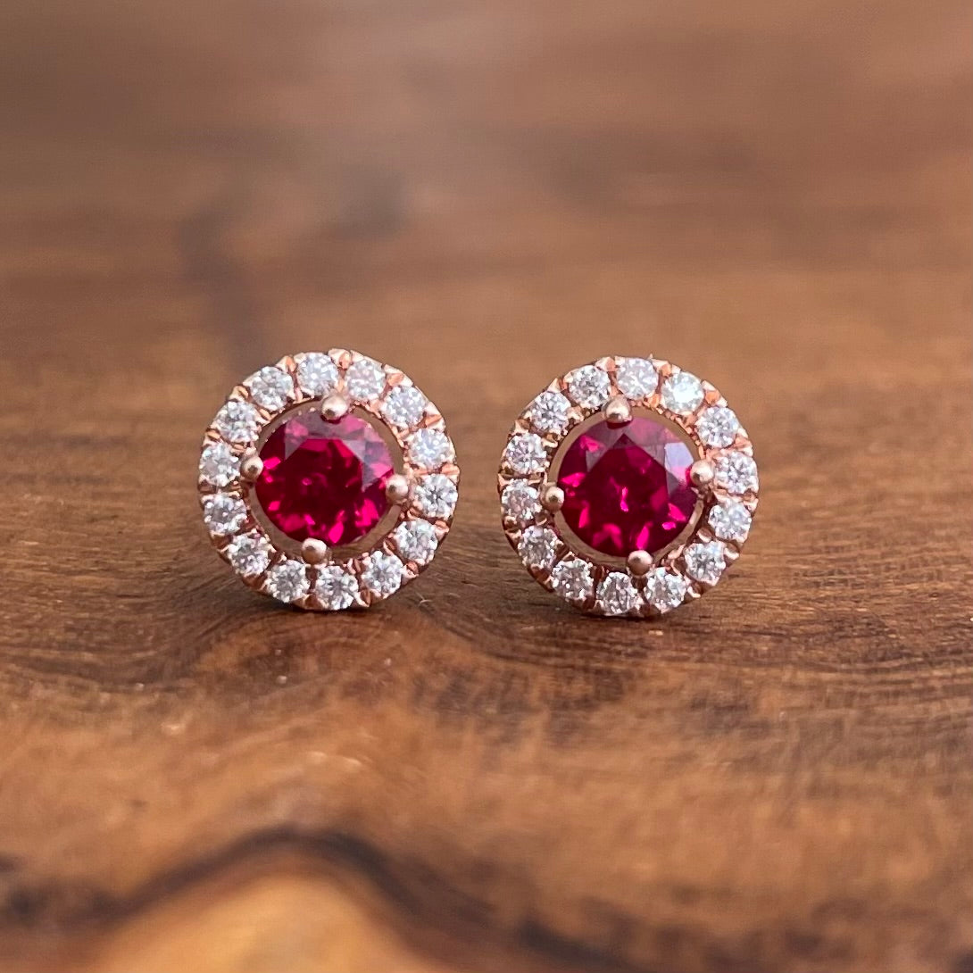 Lab-Grown Ruby Halo Diamond Studs Moissanites 14K Solid Gold 
