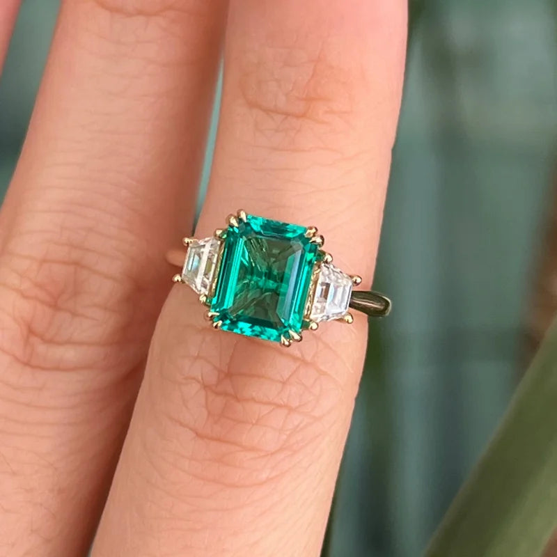 Lab Grown Emerald Trilogy Step Cut Ring (Solid gold) | Lady Estere Jewellery | Worldwide 14K 18K Solid Gold Diamond Moissanite White Yellow