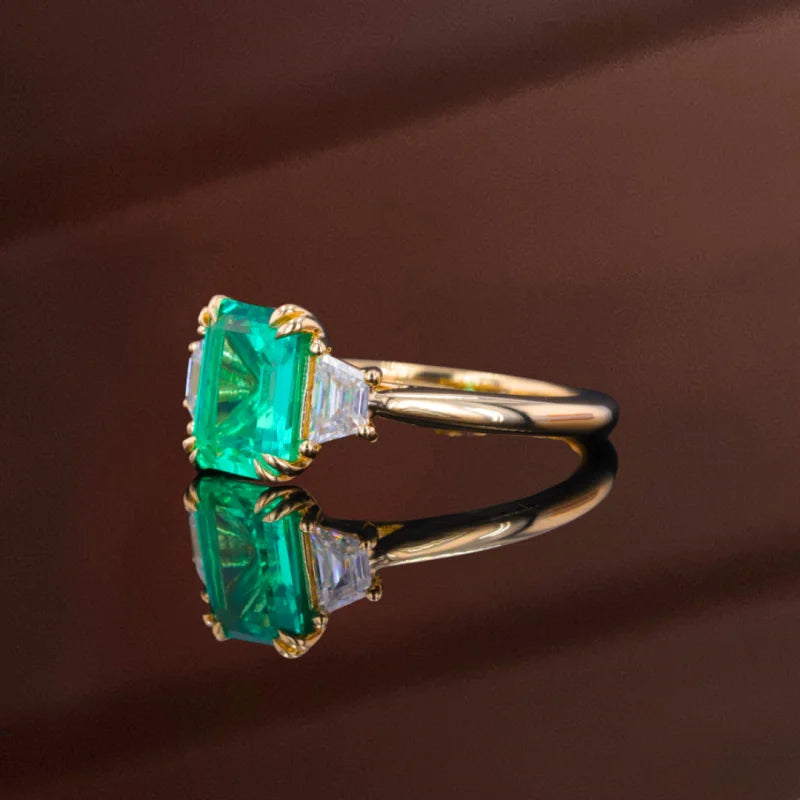 Lab Grown Emerald Trilogy Step Cut Ring (Solid gold) | Lady Estere Jewellery | Worldwide 14K 18K Solid Gold Diamond Moissanite White Yellow