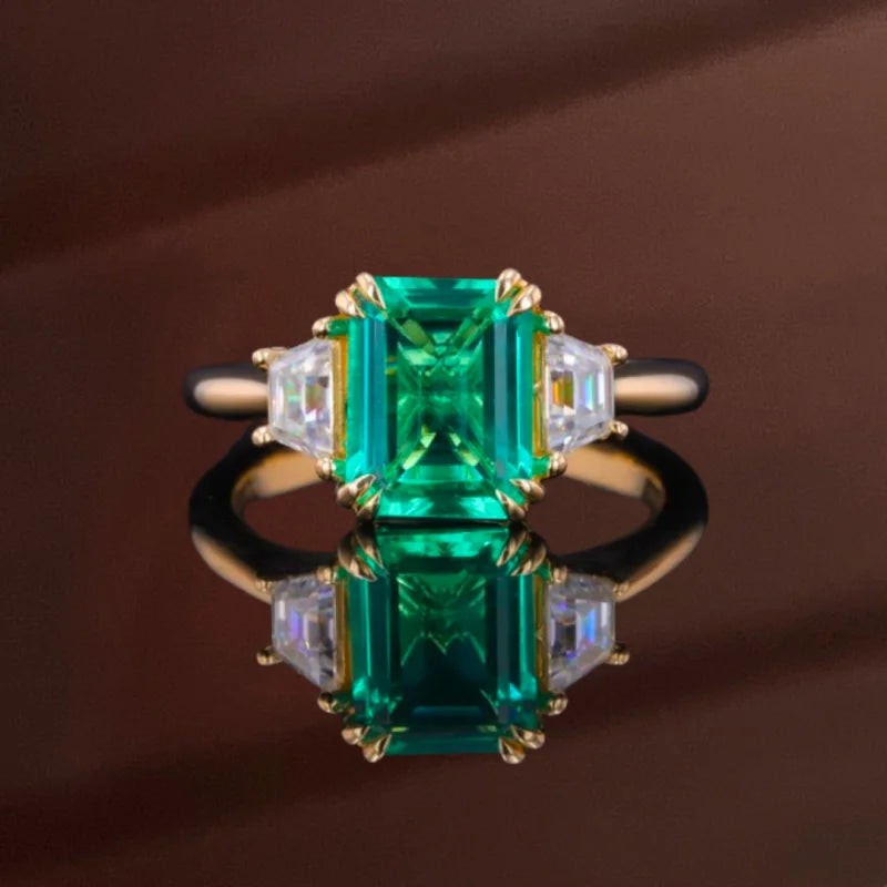 Lab Grown Emerald Trilogy Step Cut Ring (Solid gold) | Lady Estere Jewellery | Worldwide 14K 18K Solid Gold Diamond Moissanite White Yellow