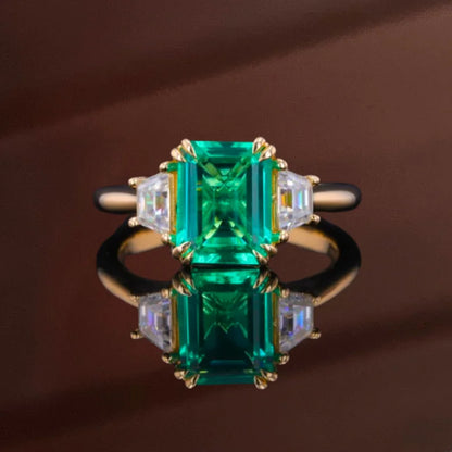 Lab Grown Emerald Trilogy Step Cut Ring (Solid gold) | Lady Estere Jewellery | Worldwide 14K 18K Solid Gold Diamond Moissanite White Yellow