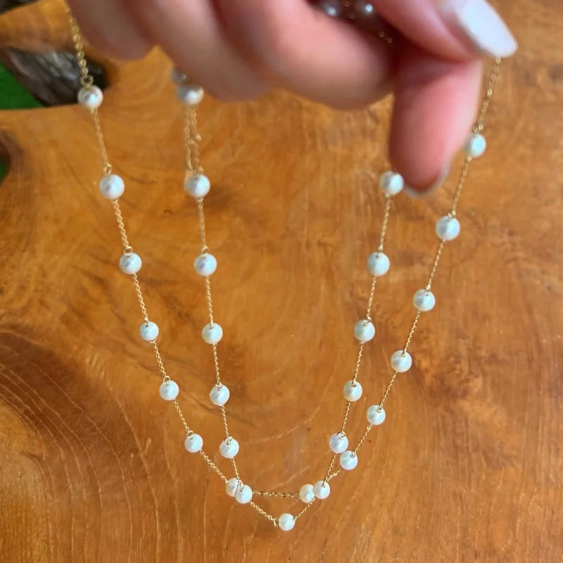 Le Blanc | Station Pearl 2 in 1 Necklace (Solid Gold) | Lady Estere Jewellery | Worldwide 14K 18K Solid Gold Lab Grown Diamond Moissanite