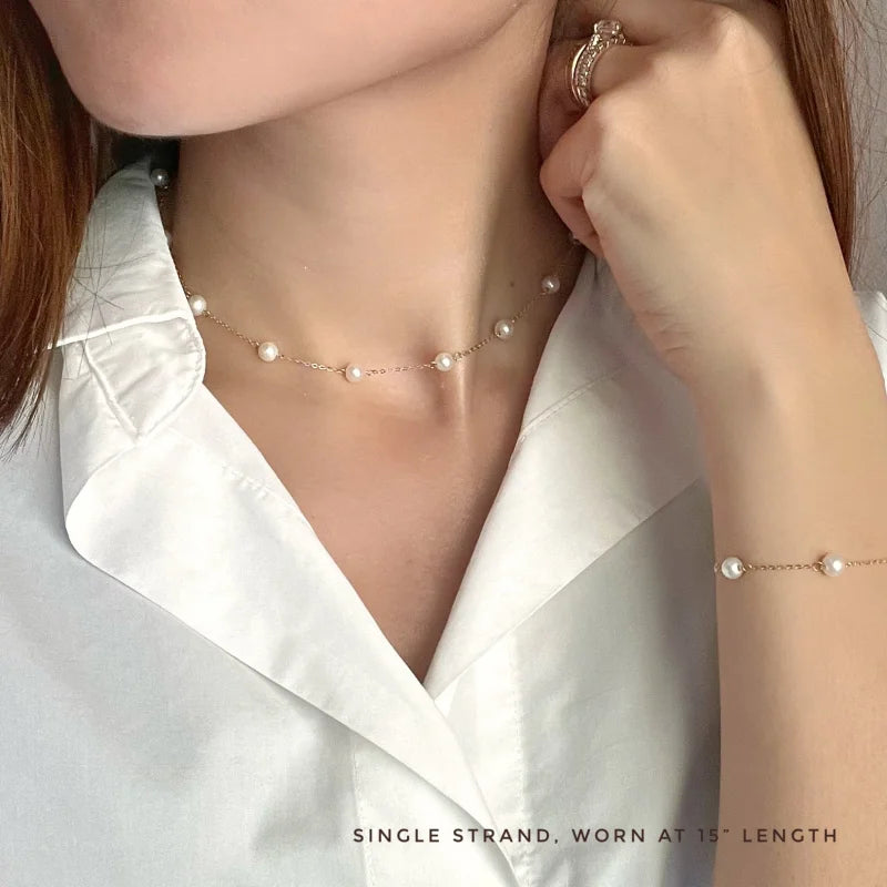 Le Blanc | Station Pearl 2 - in - 1 Necklace (Solid Gold) 2 - in 1 Lady Estere Jewellery 14K 18K Solid Gold Lab - Grown Diamond Moissanite
