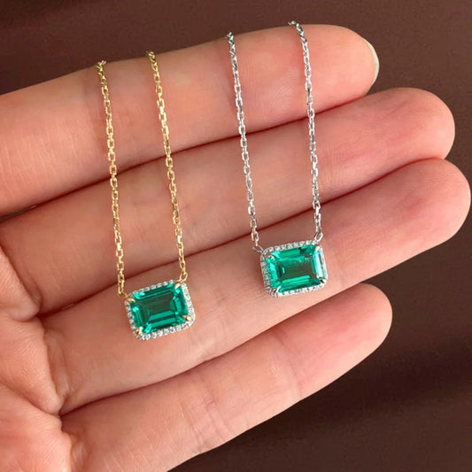 Lindy | Lab Grown Emerald & Diamond Halo Necklace (Solid Gold) | Lady Estere Jewellery 14K 18K Solid Gold Moissanite White Yellow Rose SG,