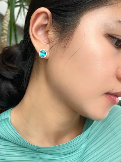 Neo | Lab-Grown Paraiba & Baguette Halo Studs (Solid Gold) | Lady Estere Jewellery 14K 18K Solid Gold Diamond Moissanite White Yellow Rose