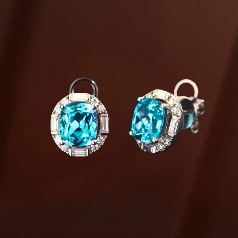 Neo | Lab-Grown Paraiba & Baguette Halo Studs (Solid Gold) | Lady Estere Jewellery 14K 18K Solid Gold Diamond Moissanite White Yellow Rose