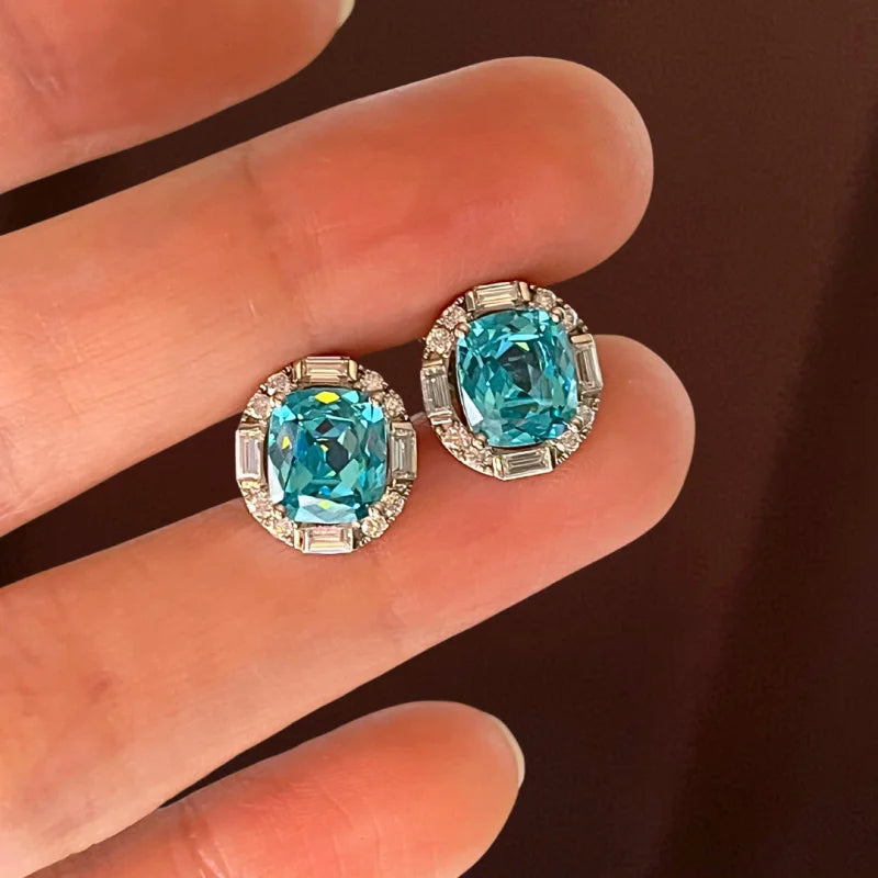 Neo | Lab-Grown Paraiba & Baguette Halo Studs (Solid Gold) | Lady Estere Jewellery 14K 18K Solid Gold Diamond Moissanite White Yellow Rose