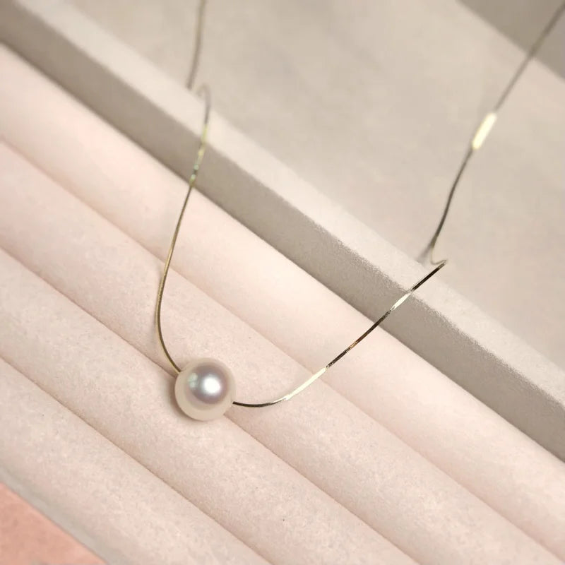 Olive | Floating Pearl Necklace (Solid Gold) | Lady Estere Jewellery | Worldwide Shipping 14K 18K Solid Gold Lab-Grown Diamond Moissanite