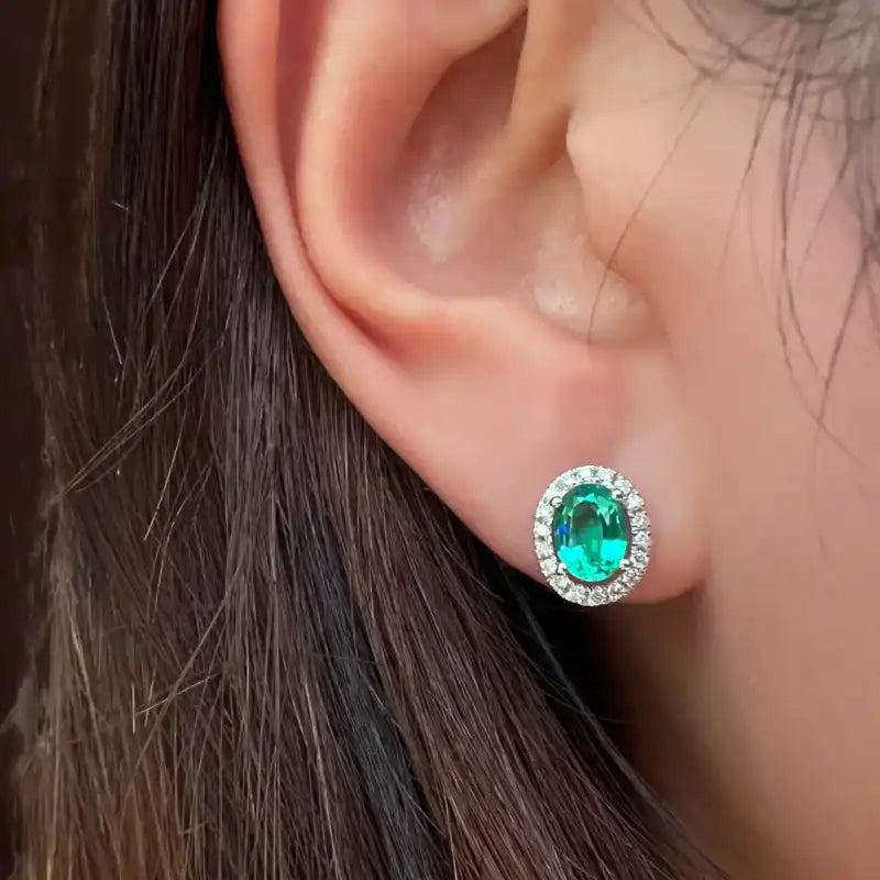 Halo | Oval Lab-Grown Emerald & Diamond Studs (Solid White Gold) | Lady Estere Jewellery 14K 18K Solid Gold Moissanite Yellow Rose SG, AU,